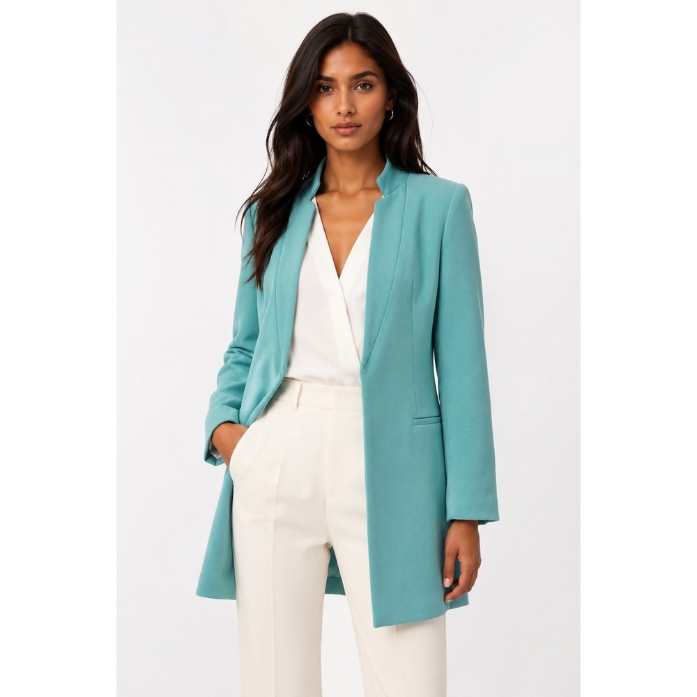 Zara Basic Turquoise Aqua Longline Blazer Stand Collar Jacket XS Small Aqua Blue